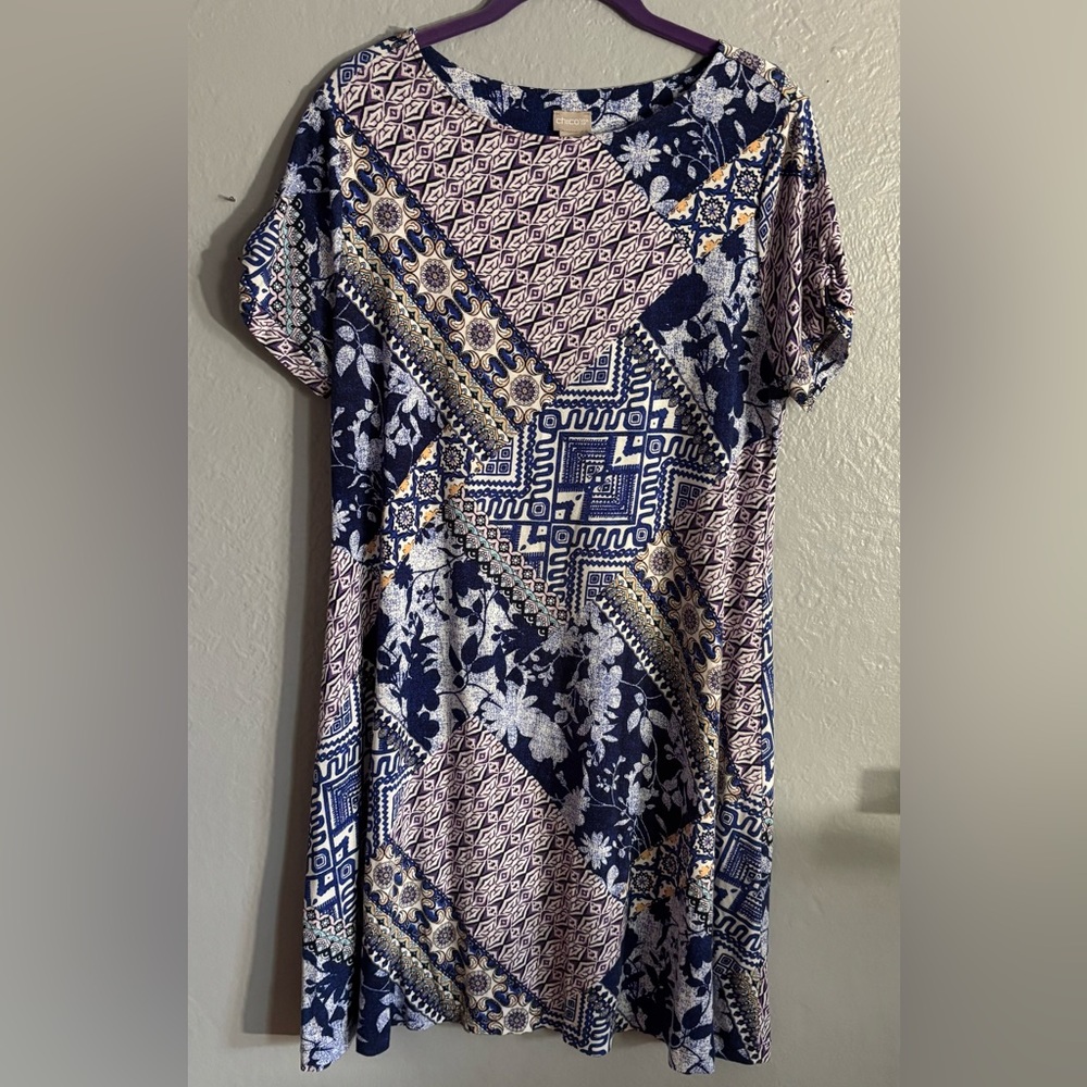Chicos 2P Womens Knit Dress Large Petite Multicolor Patchwork Print. Knot sleeve